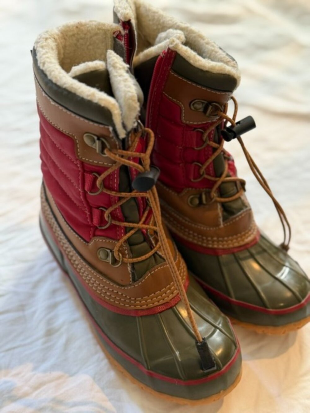 Lands’ End Kids Snow Boots, Red and Olive, Youth Size 2